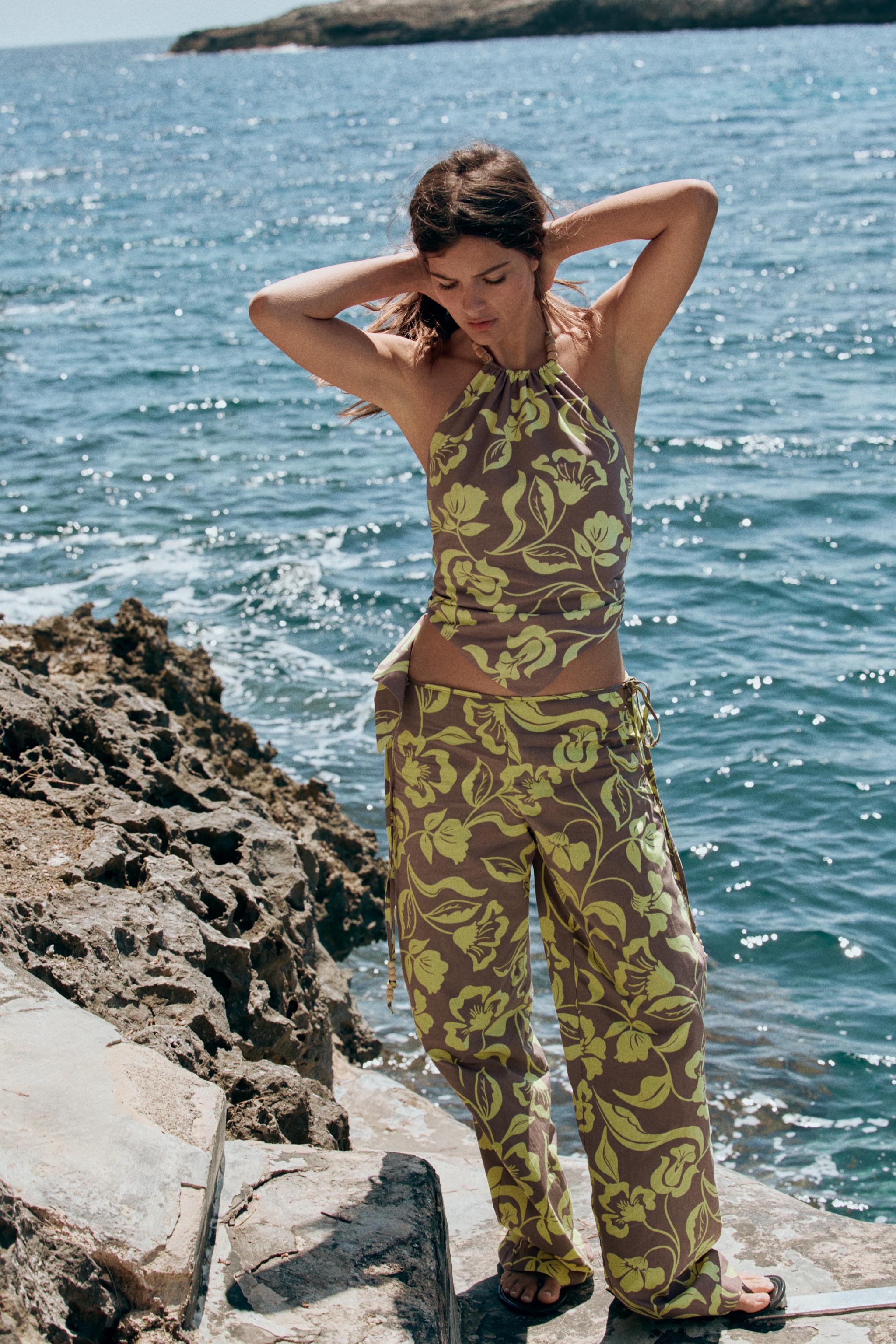 BEADED PRINT HALTER TOP